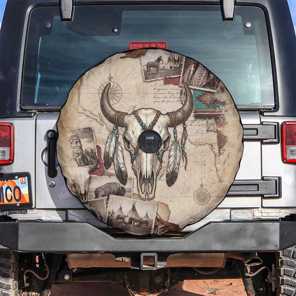 Buffalo Skull Spare Tire Cover Feathers Tribal Map and Historical Indigenous Native American Heritage Bison - Wonder Print Shop