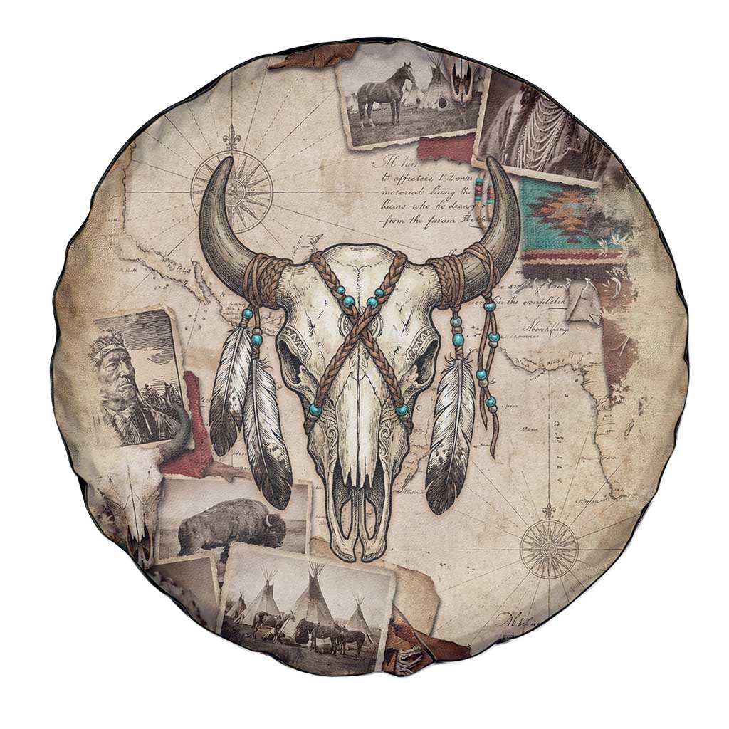 Buffalo Skull Spare Tire Cover Feathers Tribal Map and Historical Indigenous Native American Heritage Bison - Wonder Print Shop