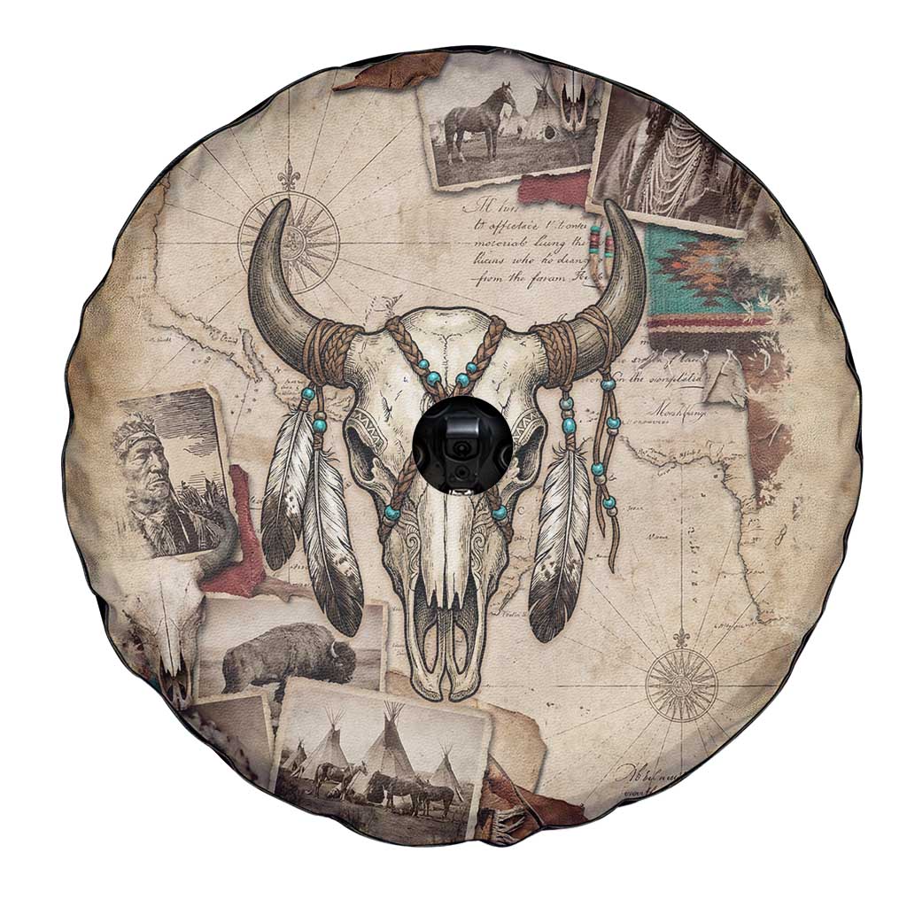 Buffalo Skull Spare Tire Cover Feathers Tribal Map and Historical Indigenous Native American Heritage Bison - Wonder Print Shop