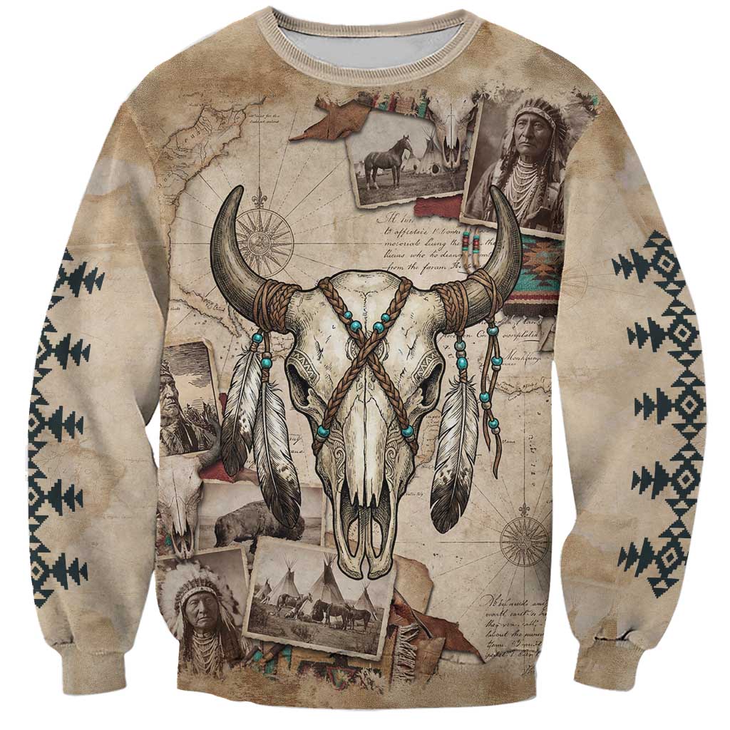 Buffalo Skull Sweatshirt Feathers Tribal Map and Historical Indigenous Native American Heritage Bison - Wonder Print Shop