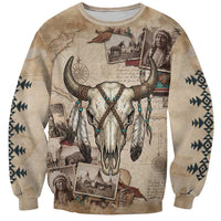 Buffalo Skull Sweatshirt Feathers Tribal Map and Historical Indigenous Native American Heritage Bison - Wonder Print Shop