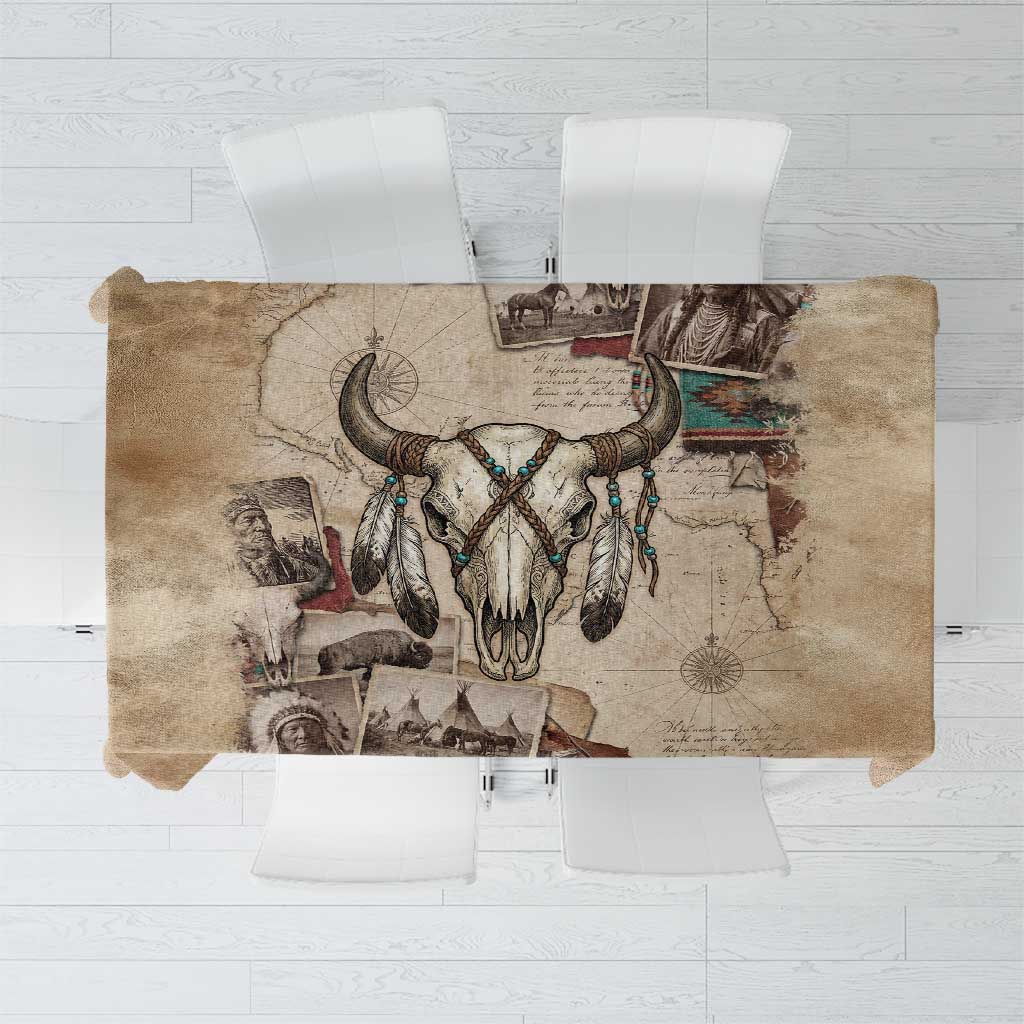 Buffalo Skull Tablecloth Feathers Tribal Map and Historical Indigenous Native American Heritage Bison - Wonder Print Shop