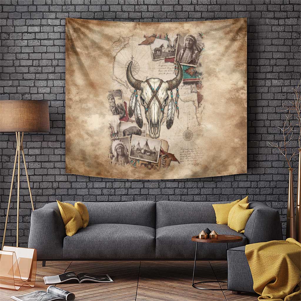 Buffalo Skull Tapestry Feathers Tribal Map and Historical Indigenous Native American Heritage Bison - Wonder Print Shop