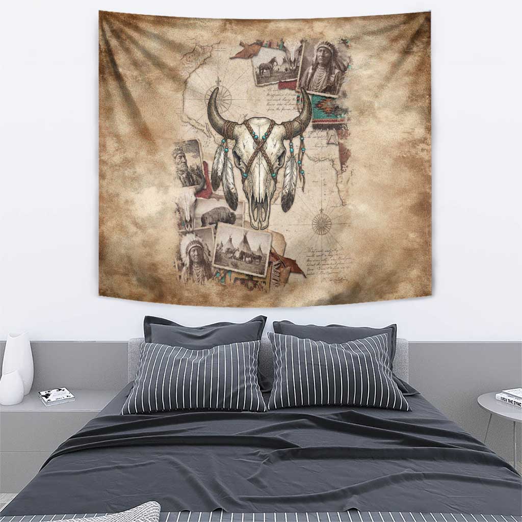 Buffalo Skull Tapestry Feathers Tribal Map and Historical Indigenous Native American Heritage Bison - Wonder Print Shop