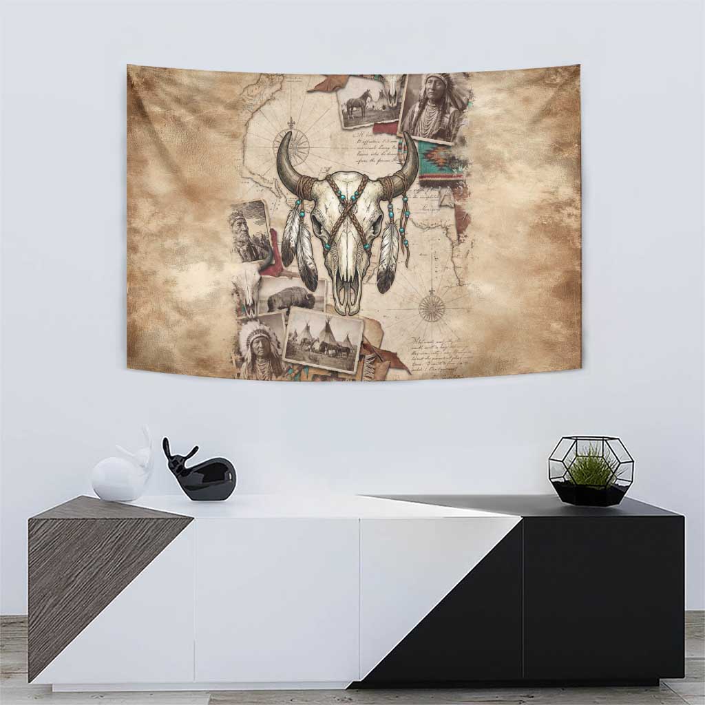 Buffalo Skull Tapestry Feathers Tribal Map and Historical Indigenous Native American Heritage Bison - Wonder Print Shop