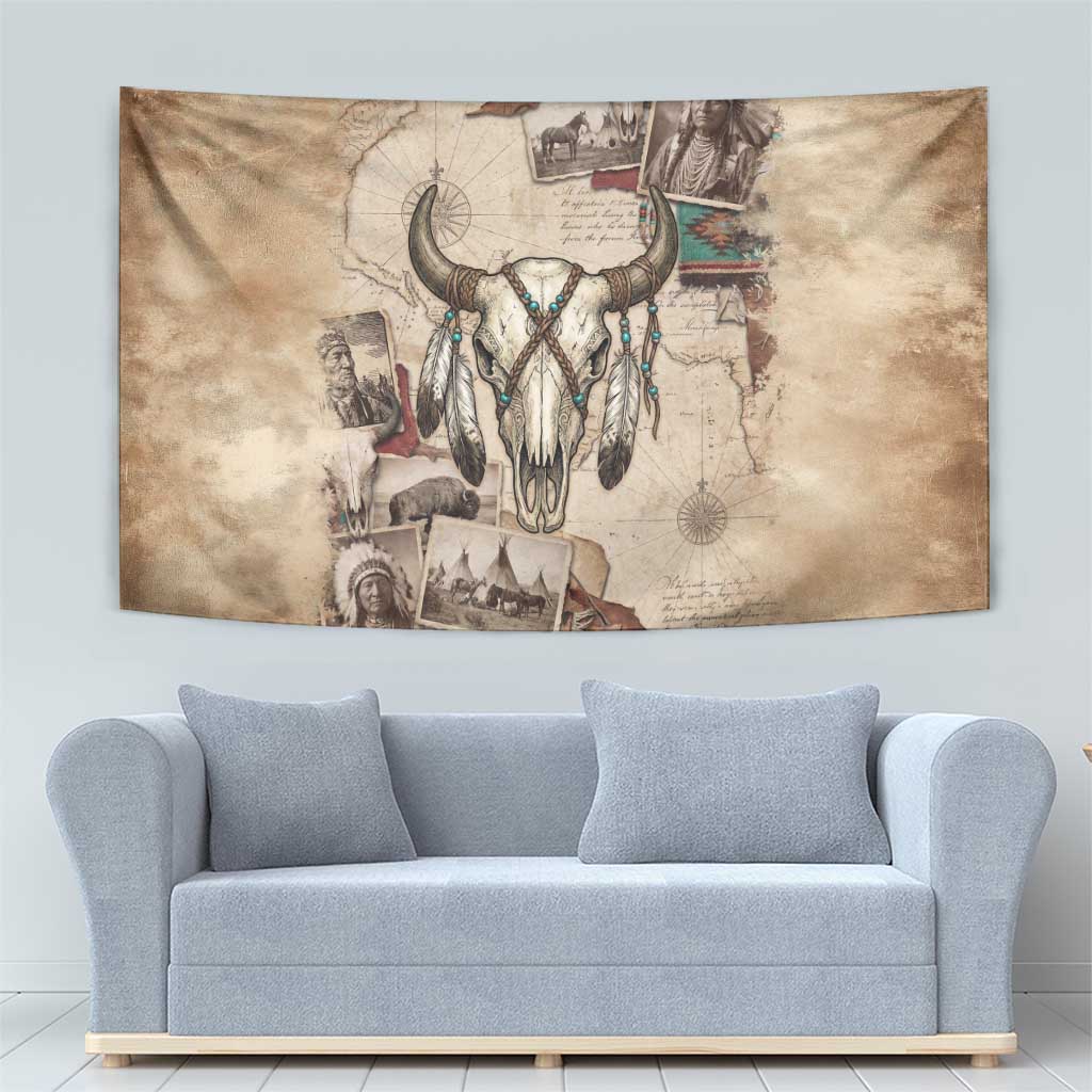 Buffalo Skull Tapestry Feathers Tribal Map and Historical Indigenous Native American Heritage Bison - Wonder Print Shop