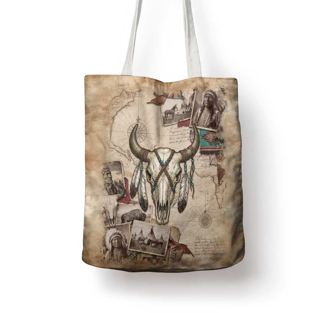 Buffalo Skull Tote Bag Feathers Tribal Map and Historical Indigenous Native American Heritage Bison - Wonder Print Shop