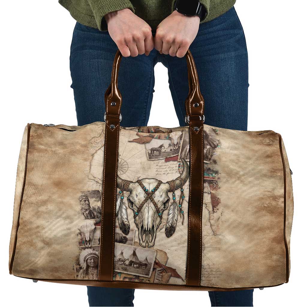 Buffalo Skull Travel Bag Feathers Tribal Map and Historical Indigenous Native American Heritage Bison - Wonder Print Shop
