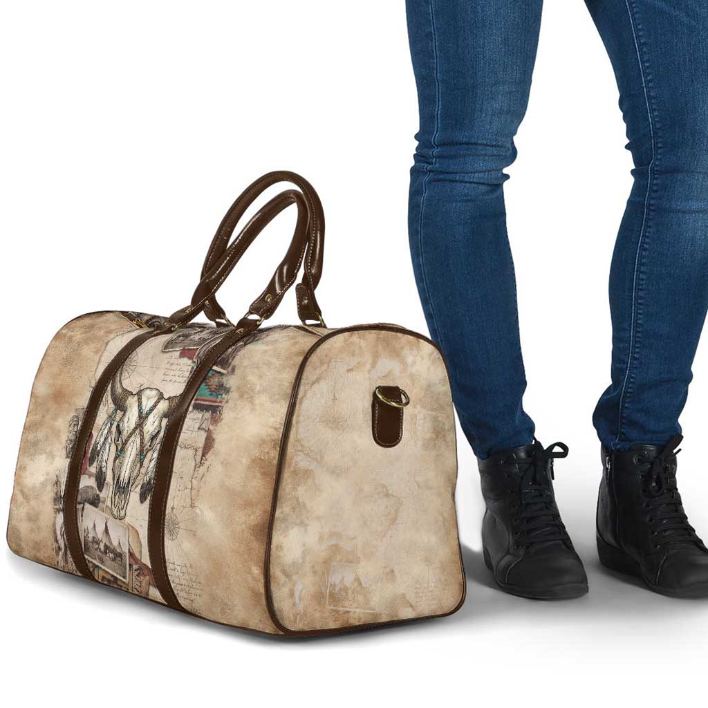 Buffalo Skull Travel Bag Feathers Tribal Map and Historical Indigenous Native American Heritage Bison - Wonder Print Shop