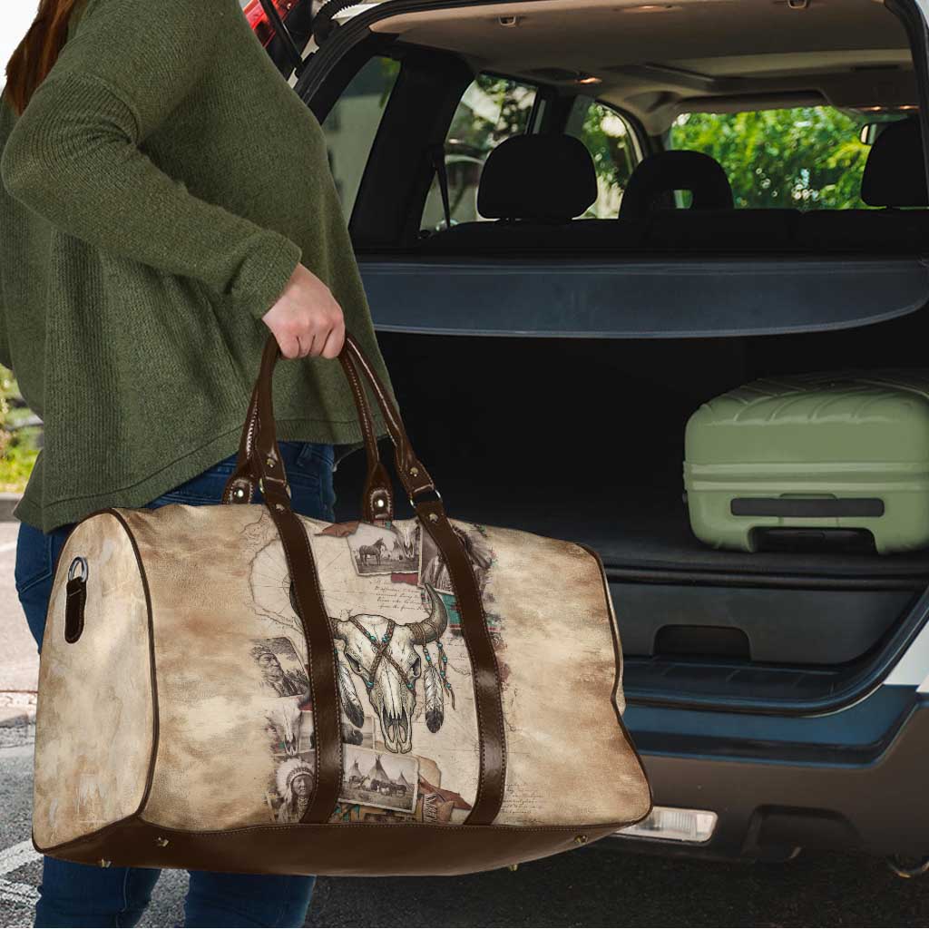 Buffalo Skull Travel Bag Feathers Tribal Map and Historical Indigenous Native American Heritage Bison - Wonder Print Shop