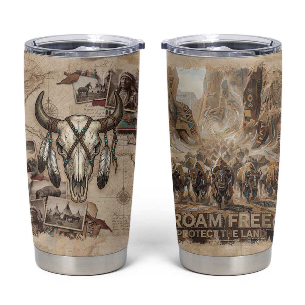 Buffalo Skull Tumbler Cup Feathers Tribal Map and Historical Indigenous Native American Heritage Bison - Wonder Print Shop