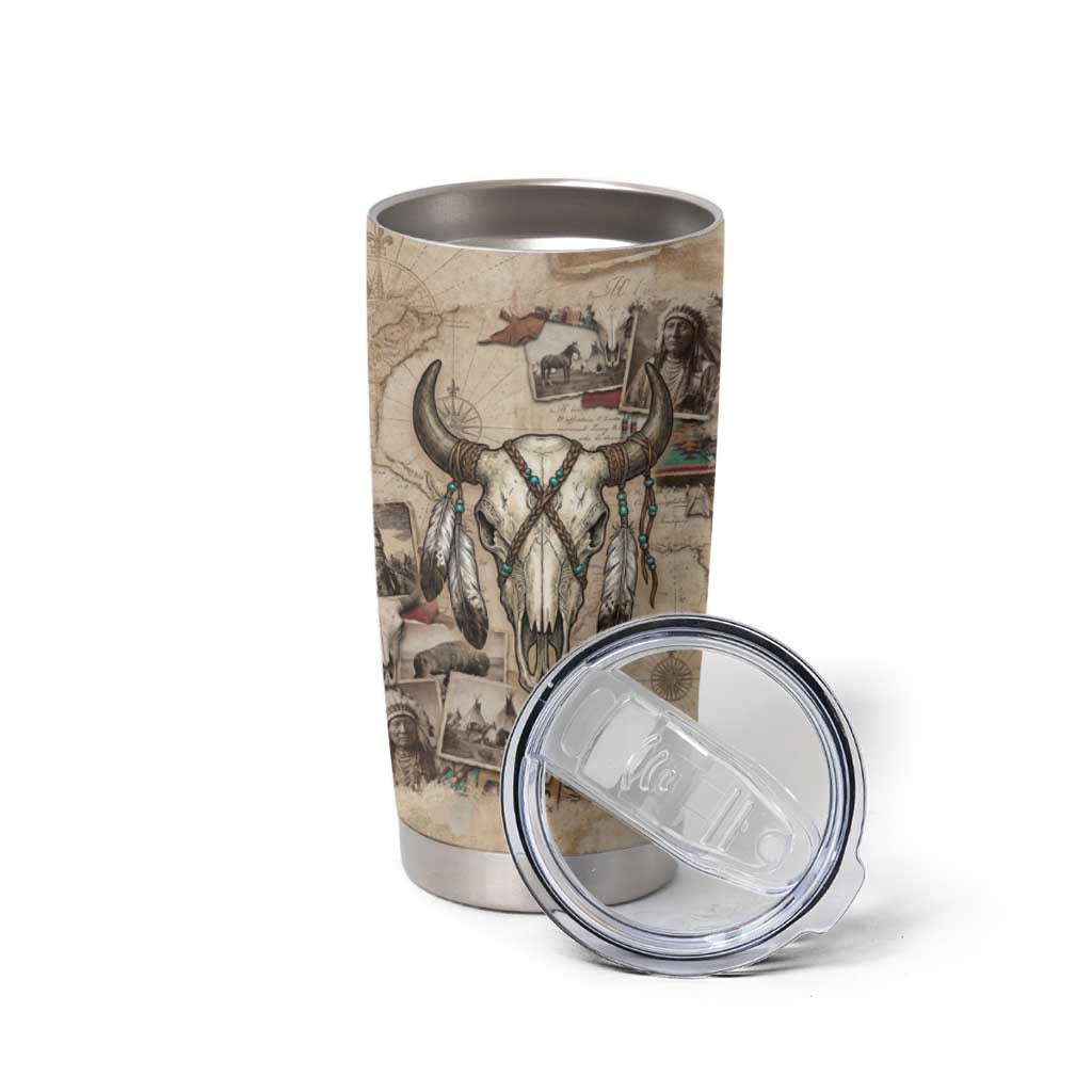 Buffalo Skull Tumbler Cup Feathers Tribal Map and Historical Indigenous Native American Heritage Bison - Wonder Print Shop