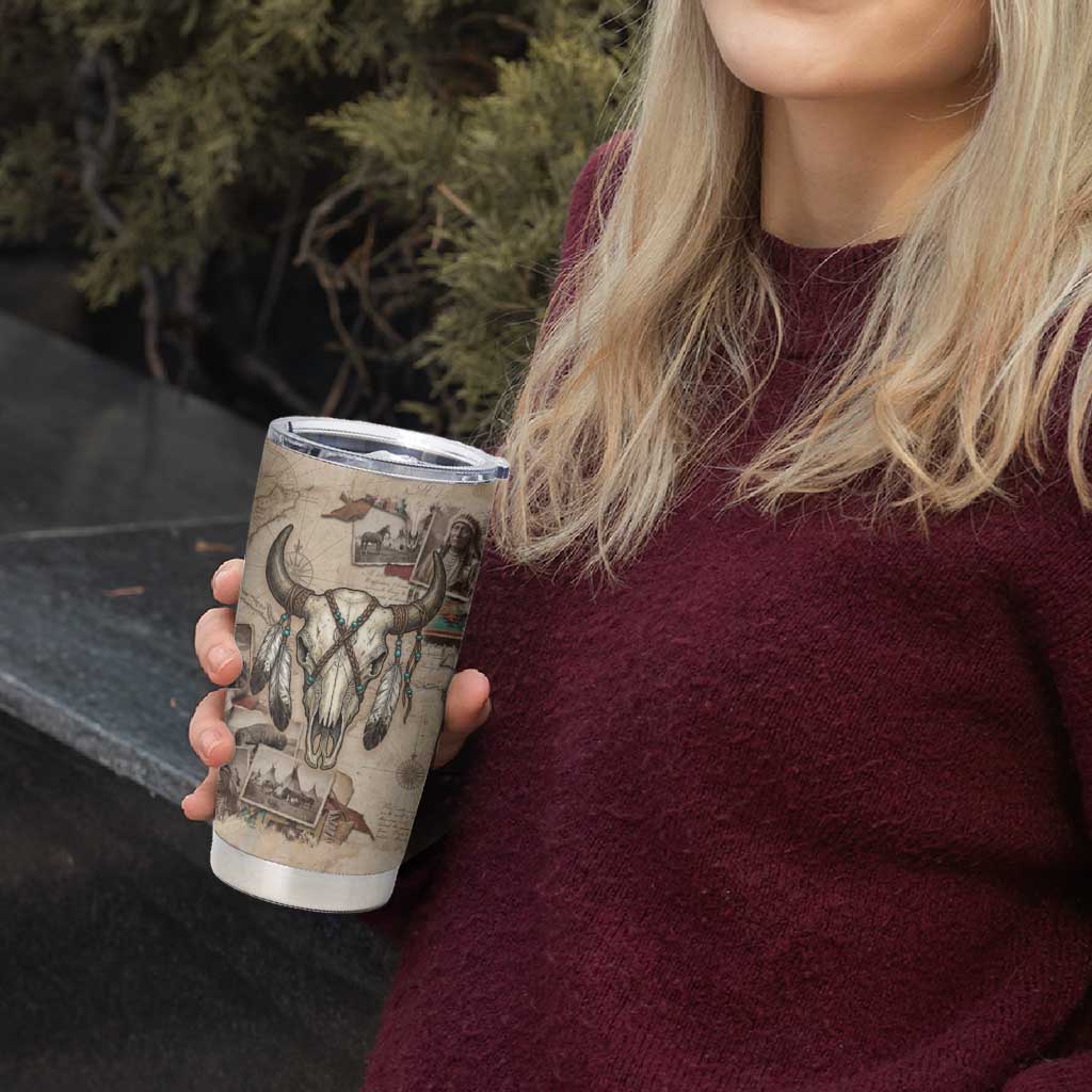 Buffalo Skull Tumbler Cup Feathers Tribal Map and Historical Indigenous Native American Heritage Bison - Wonder Print Shop
