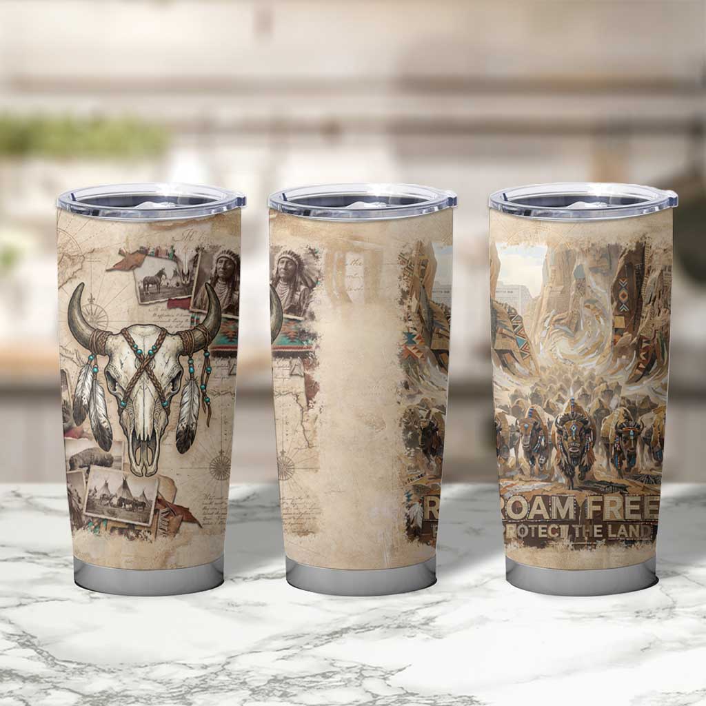Buffalo Skull Tumbler Cup Feathers Tribal Map and Historical Indigenous Native American Heritage Bison - Wonder Print Shop