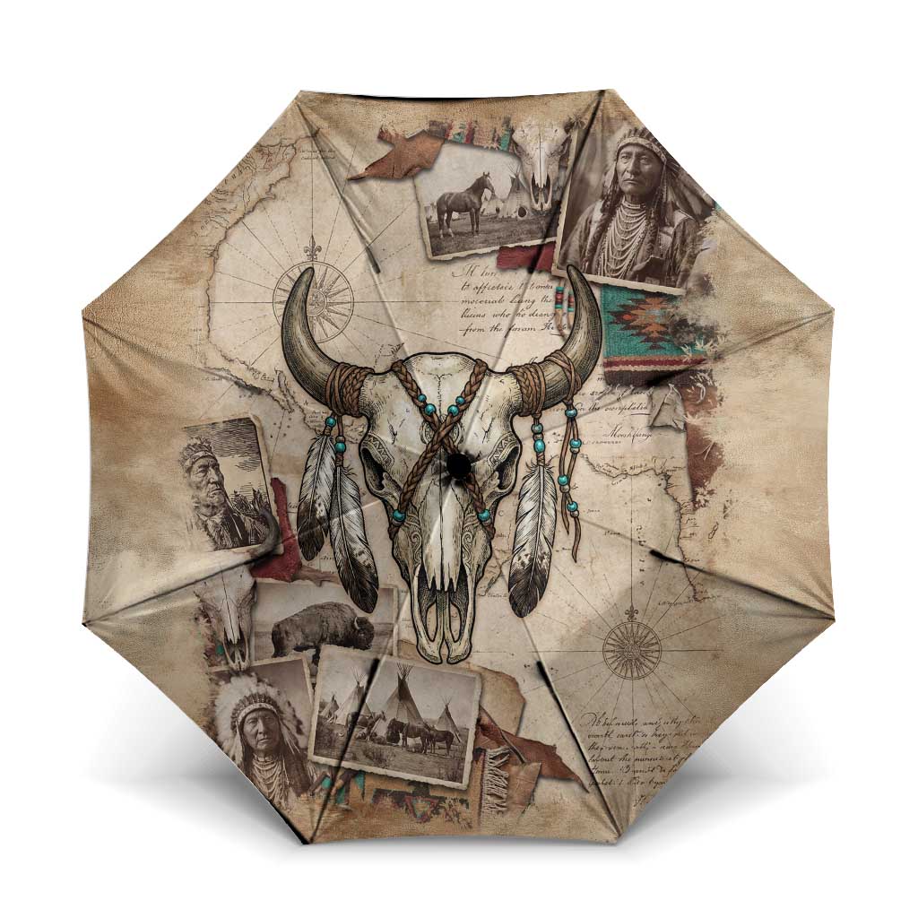 Buffalo Skull Umbrella Feathers Tribal Map and Historical Indigenous Native American Heritage Bison - Wonder Print Shop