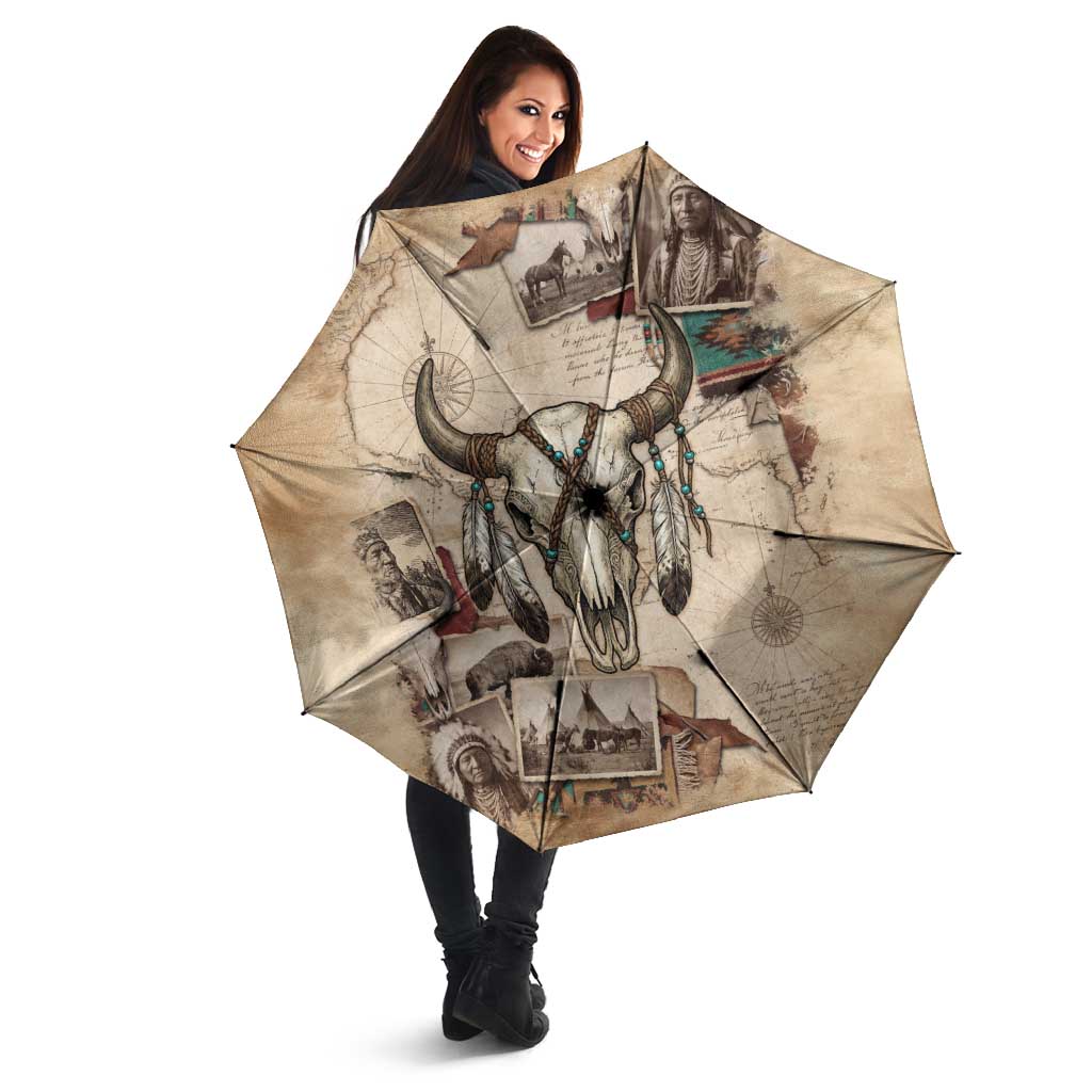 Buffalo Skull Umbrella Feathers Tribal Map and Historical Indigenous Native American Heritage Bison - Wonder Print Shop