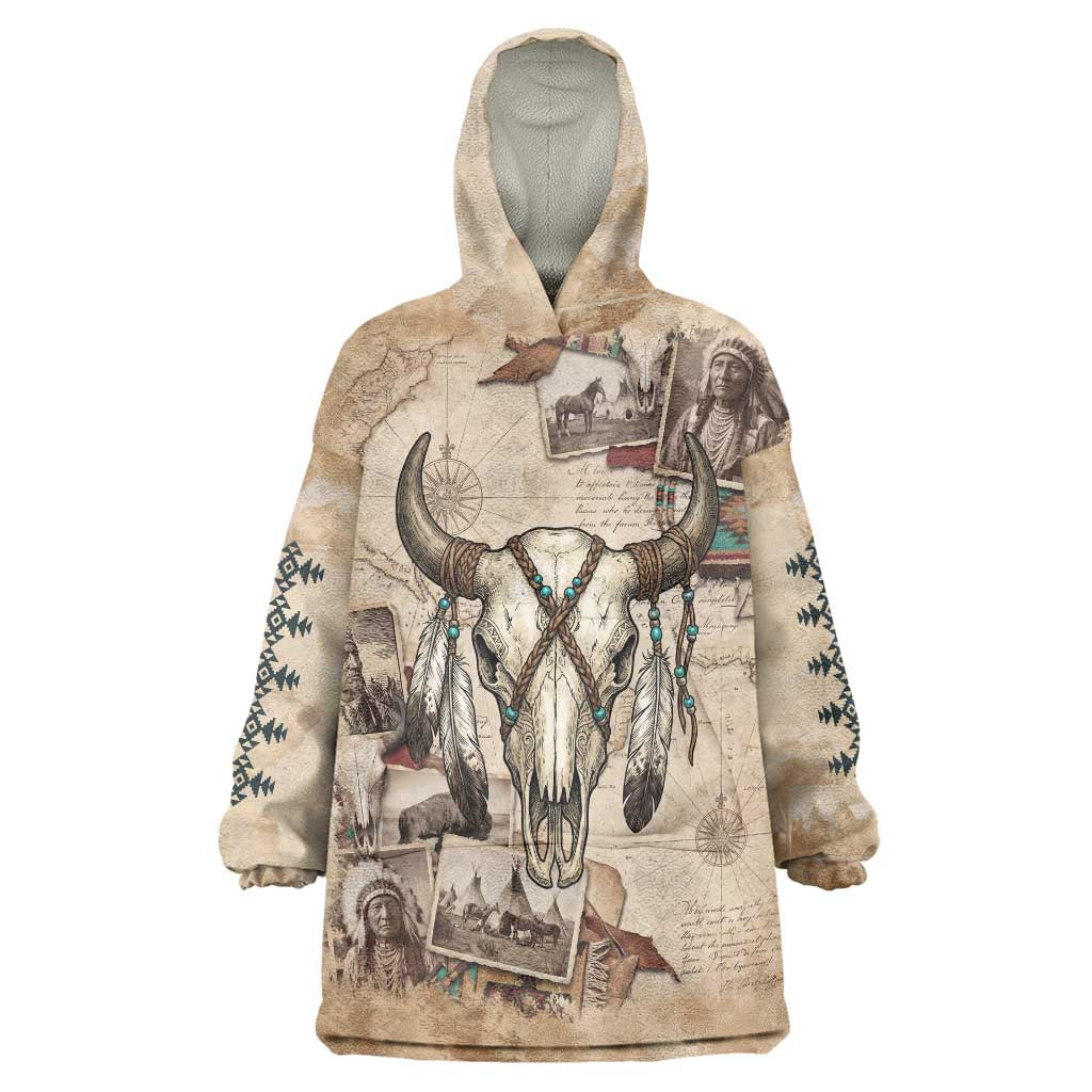 Buffalo Skull Wearable Blanket Hoodie Feathers Tribal Map and Historical Indigenous Native American Heritage Bison - Wonder Print Shop