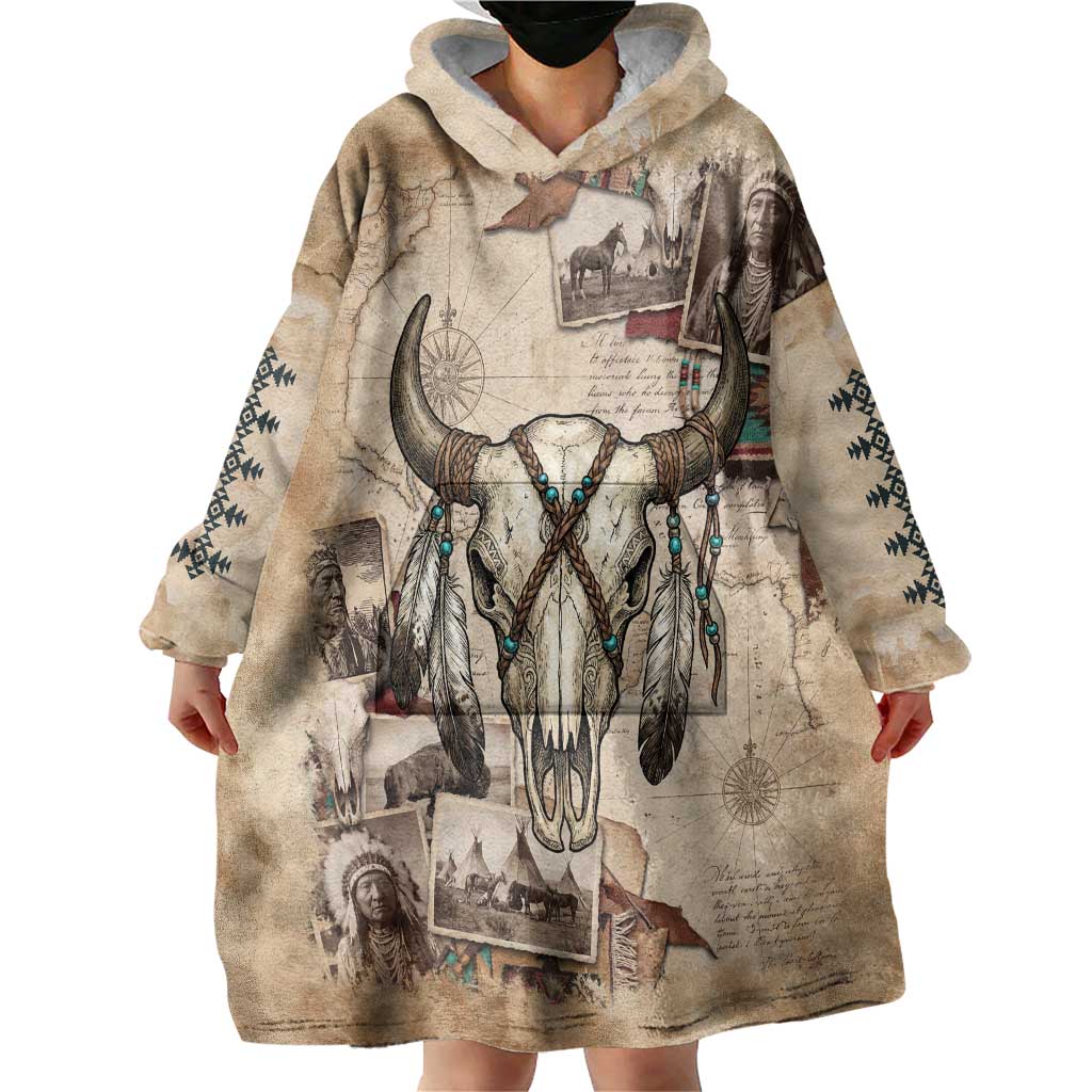 Buffalo Skull Wearable Blanket Hoodie Feathers Tribal Map and Historical Indigenous Native American Heritage Bison - Wonder Print Shop