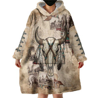 Buffalo Skull Wearable Blanket Hoodie Feathers Tribal Map and Historical Indigenous Native American Heritage Bison - Wonder Print Shop