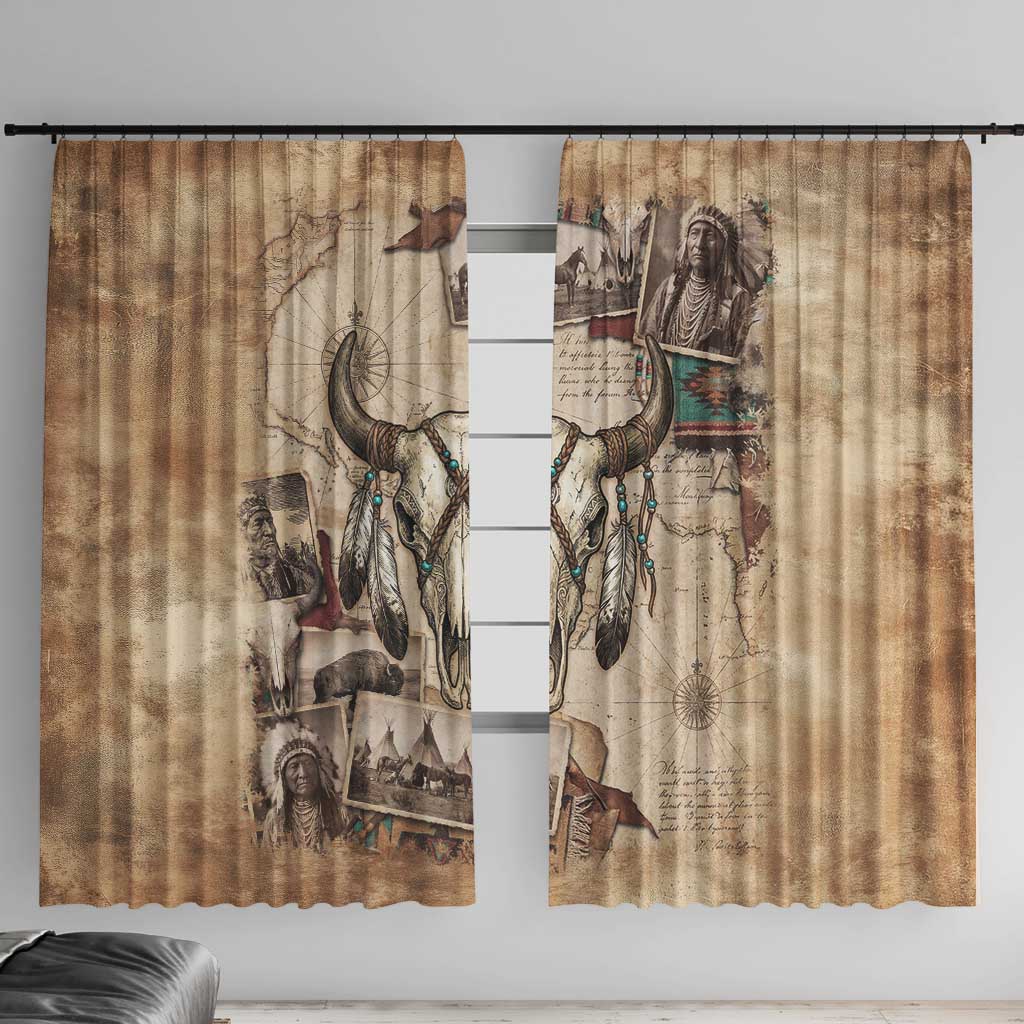 Buffalo Skull Window Curtain Feathers Tribal Map and Historical Indigenous Native American Heritage Bison - Wonder Print Shop