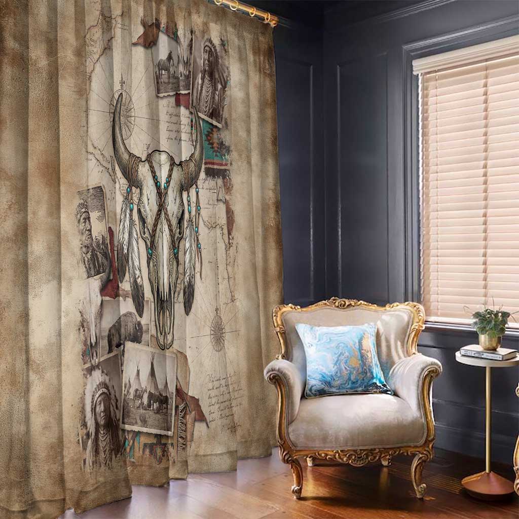 Buffalo Skull Window Curtain Feathers Tribal Map and Historical Indigenous Native American Heritage Bison - Wonder Print Shop