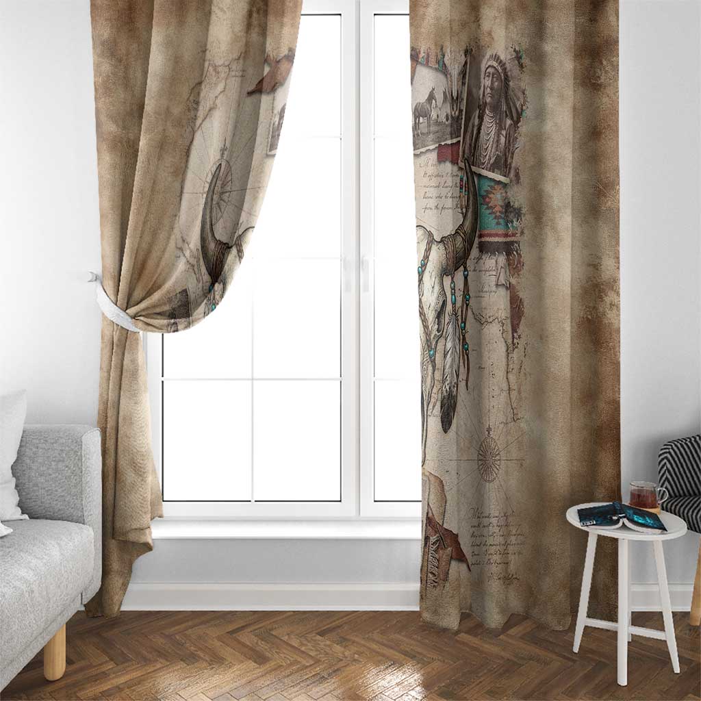 Buffalo Skull Window Curtain Feathers Tribal Map and Historical Indigenous Native American Heritage Bison - Wonder Print Shop