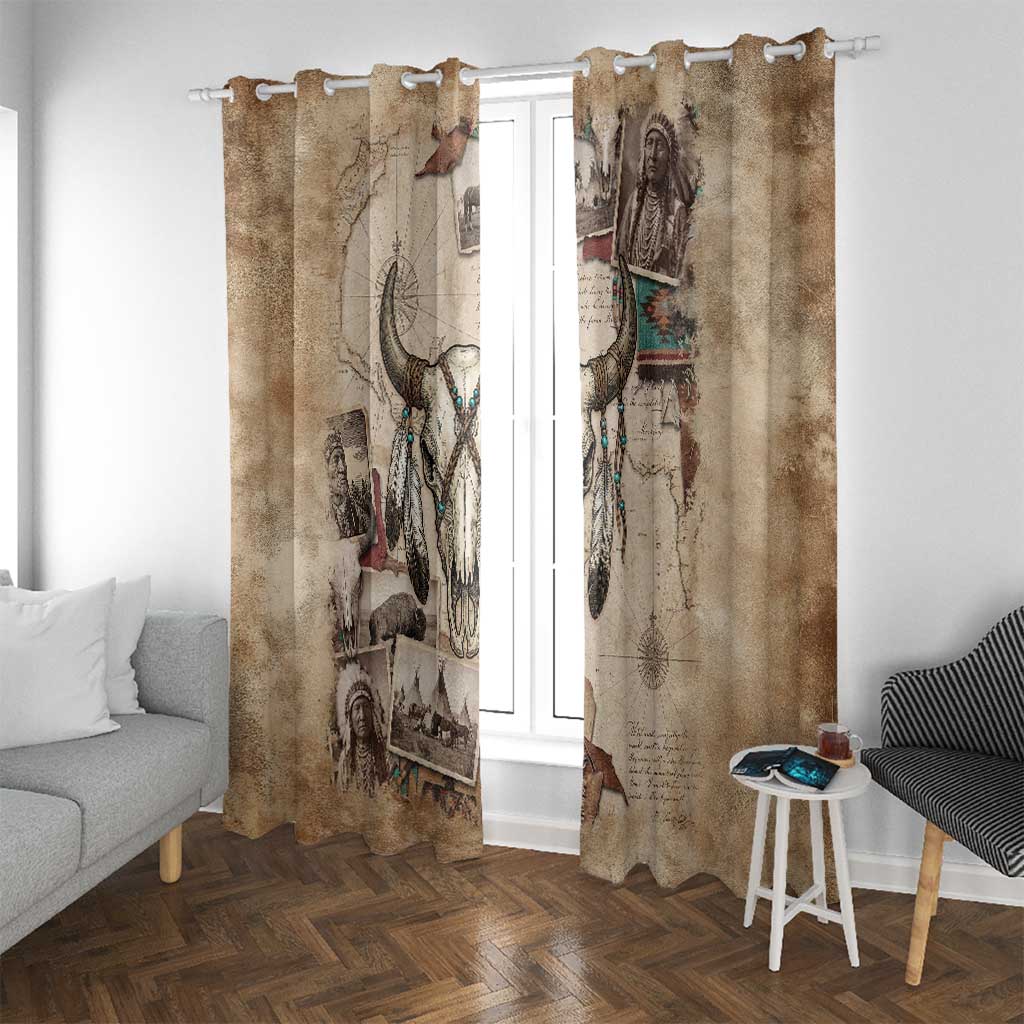 Buffalo Skull Window Curtain Feathers Tribal Map and Historical Indigenous Native American Heritage Bison - Wonder Print Shop