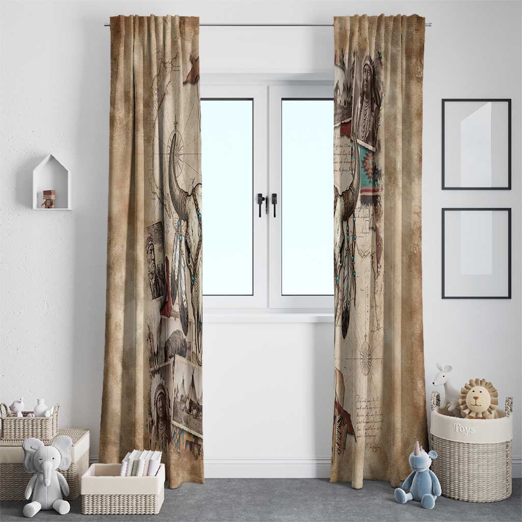 Buffalo Skull Window Curtain Feathers Tribal Map and Historical Indigenous Native American Heritage Bison - Wonder Print Shop