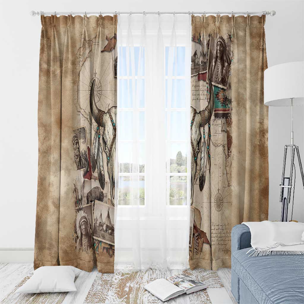 Buffalo Skull Window Curtain Feathers Tribal Map and Historical Indigenous Native American Heritage Bison - Wonder Print Shop