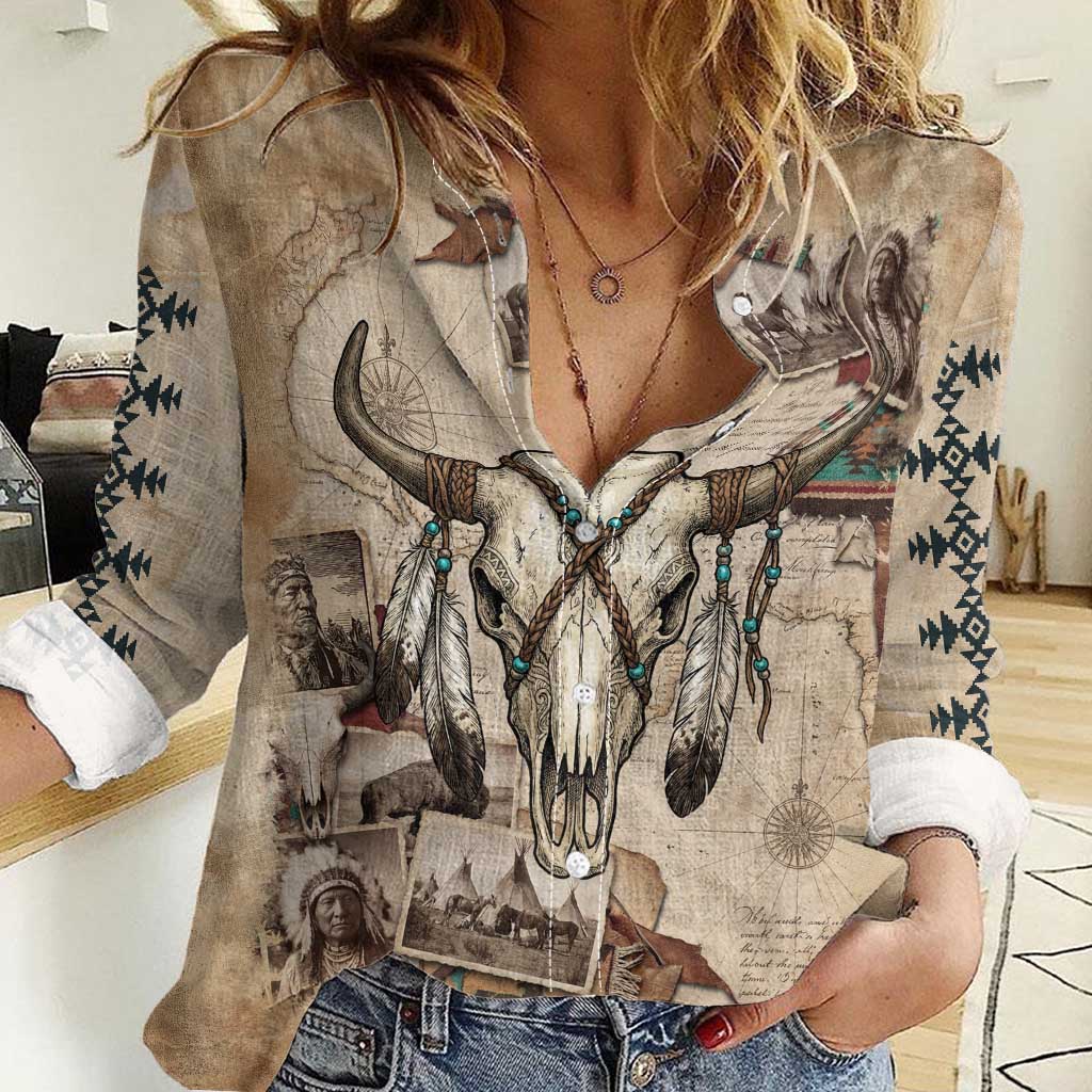 Buffalo Skull Women Casual Shirt Feathers Tribal Map and Historical Indigenous Native American Heritage Bison - Wonder Print Shop