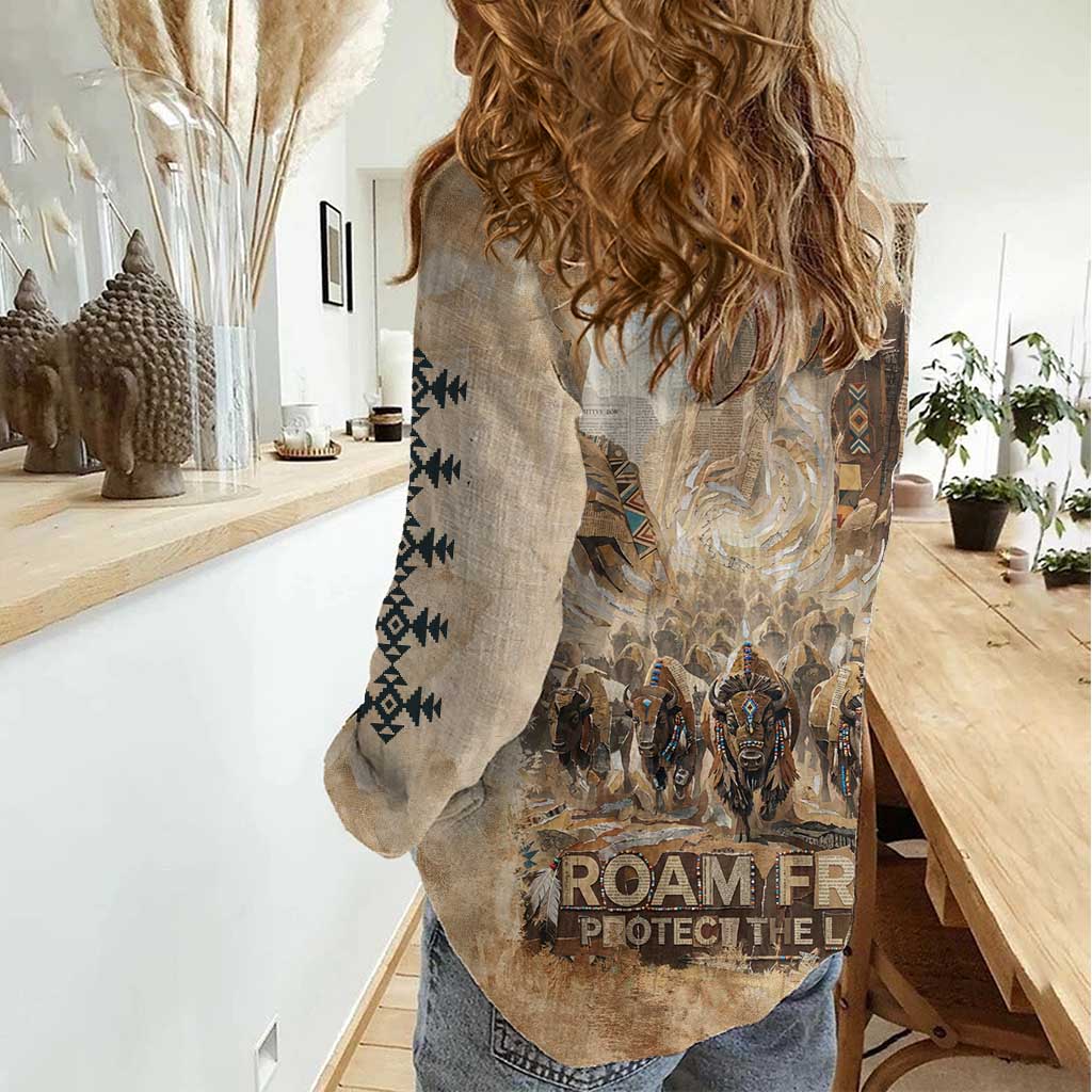 Buffalo Skull Women Casual Shirt Feathers Tribal Map and Historical Indigenous Native American Heritage Bison - Wonder Print Shop