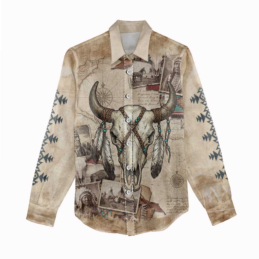 Buffalo Skull Women Casual Shirt Feathers Tribal Map and Historical Indigenous Native American Heritage Bison - Wonder Print Shop