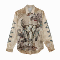 Buffalo Skull Women Casual Shirt Feathers Tribal Map and Historical Indigenous Native American Heritage Bison - Wonder Print Shop