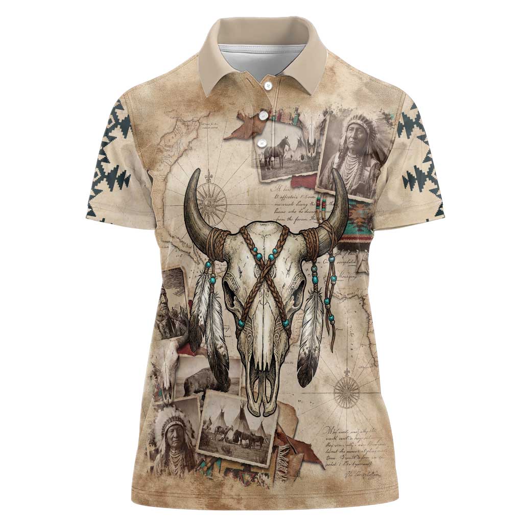 Buffalo Skull Women Polo Shirt Feathers Tribal Map and Historical Indigenous Native American Heritage Bison - Wonder Print Shop