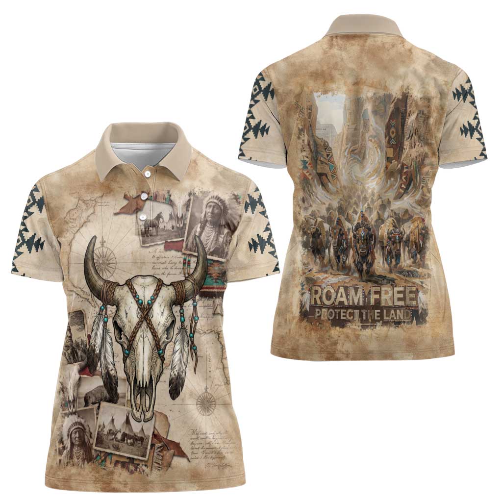 Buffalo Skull Women Polo Shirt Feathers Tribal Map and Historical Indigenous Native American Heritage Bison - Wonder Print Shop