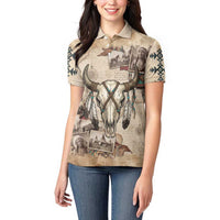Buffalo Skull Women Polo Shirt Feathers Tribal Map and Historical Indigenous Native American Heritage Bison - Wonder Print Shop