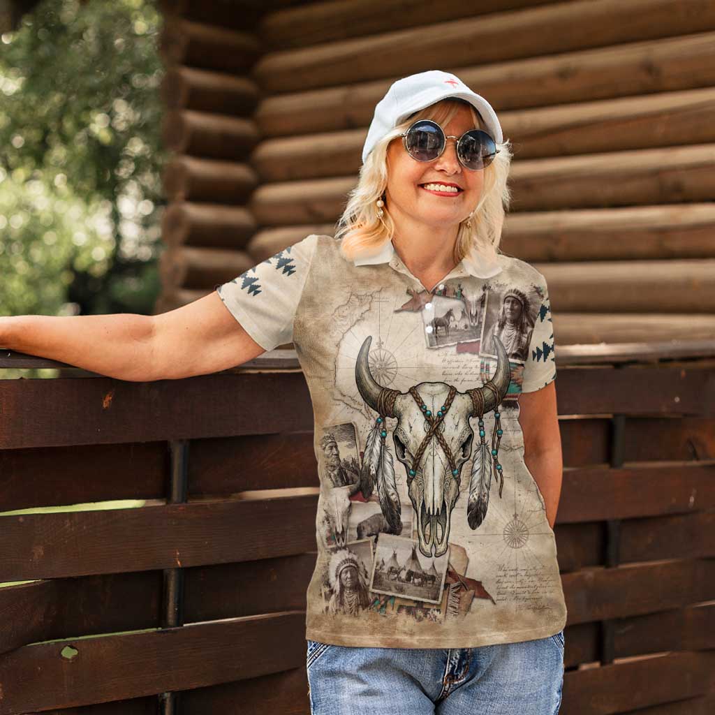Buffalo Skull Women Polo Shirt Feathers Tribal Map and Historical Indigenous Native American Heritage Bison - Wonder Print Shop