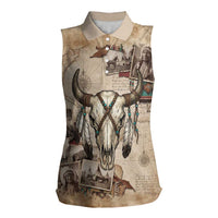 Buffalo Skull Women Sleeveless Polo Shirt Feathers Tribal Map and Historical Indigenous Native American Heritage Bison - Wonder Print Shop
