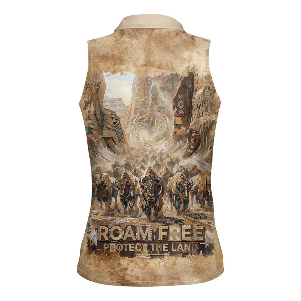 Buffalo Skull Women Sleeveless Polo Shirt Feathers Tribal Map and Historical Indigenous Native American Heritage Bison - Wonder Print Shop