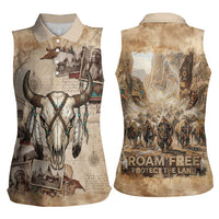 Buffalo Skull Women Sleeveless Polo Shirt Feathers Tribal Map and Historical Indigenous Native American Heritage Bison - Wonder Print Shop