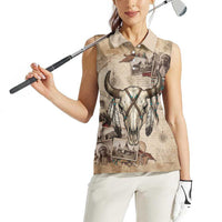 Buffalo Skull Women Sleeveless Polo Shirt Feathers Tribal Map and Historical Indigenous Native American Heritage Bison - Wonder Print Shop