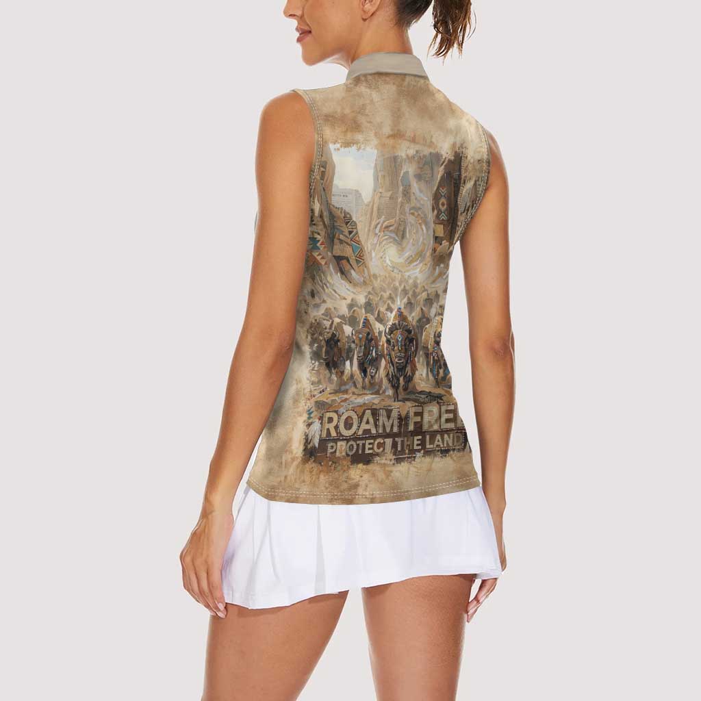 Buffalo Skull Women Sleeveless Polo Shirt Feathers Tribal Map and Historical Indigenous Native American Heritage Bison - Wonder Print Shop