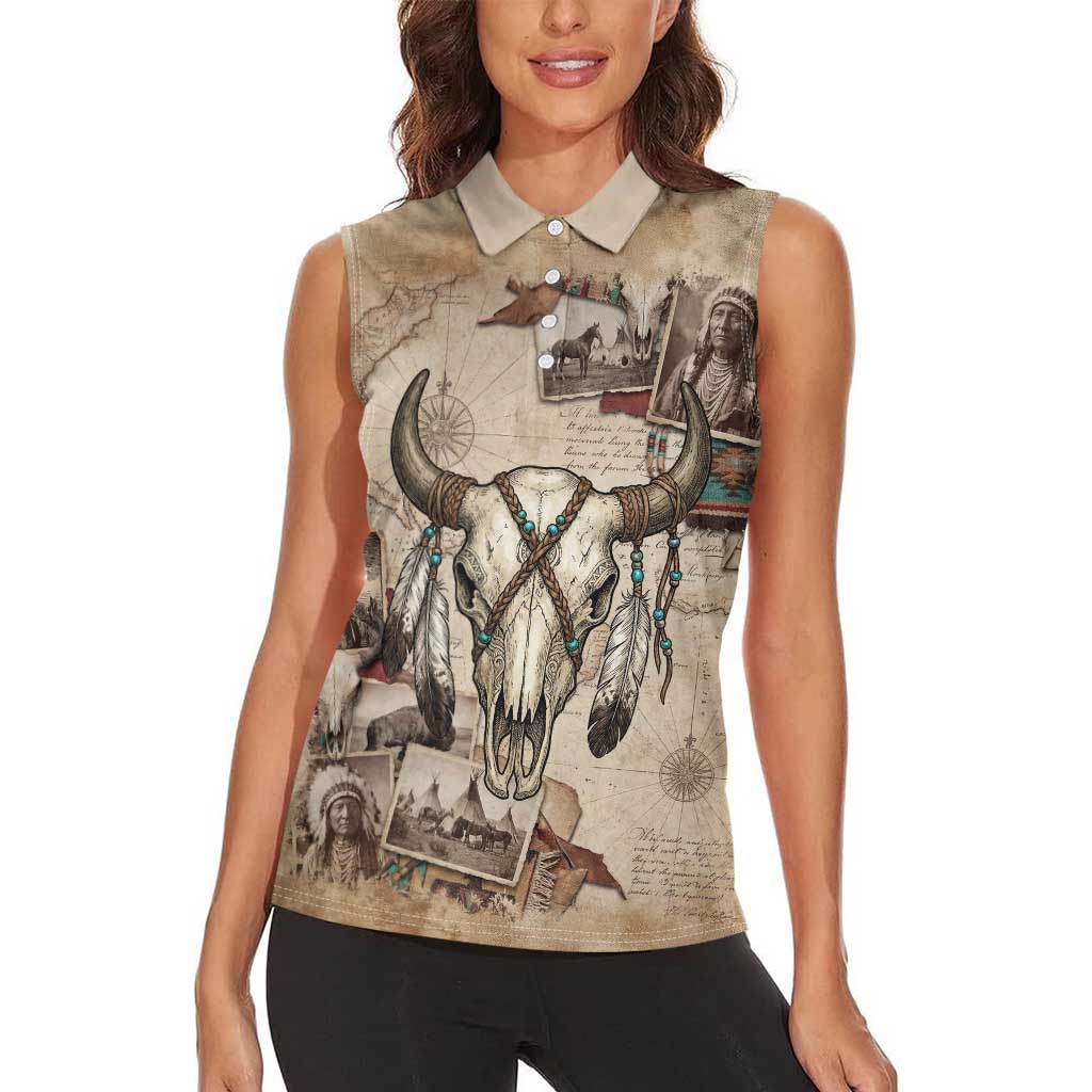 Buffalo Skull Women Sleeveless Polo Shirt Feathers Tribal Map and Historical Indigenous Native American Heritage Bison - Wonder Print Shop