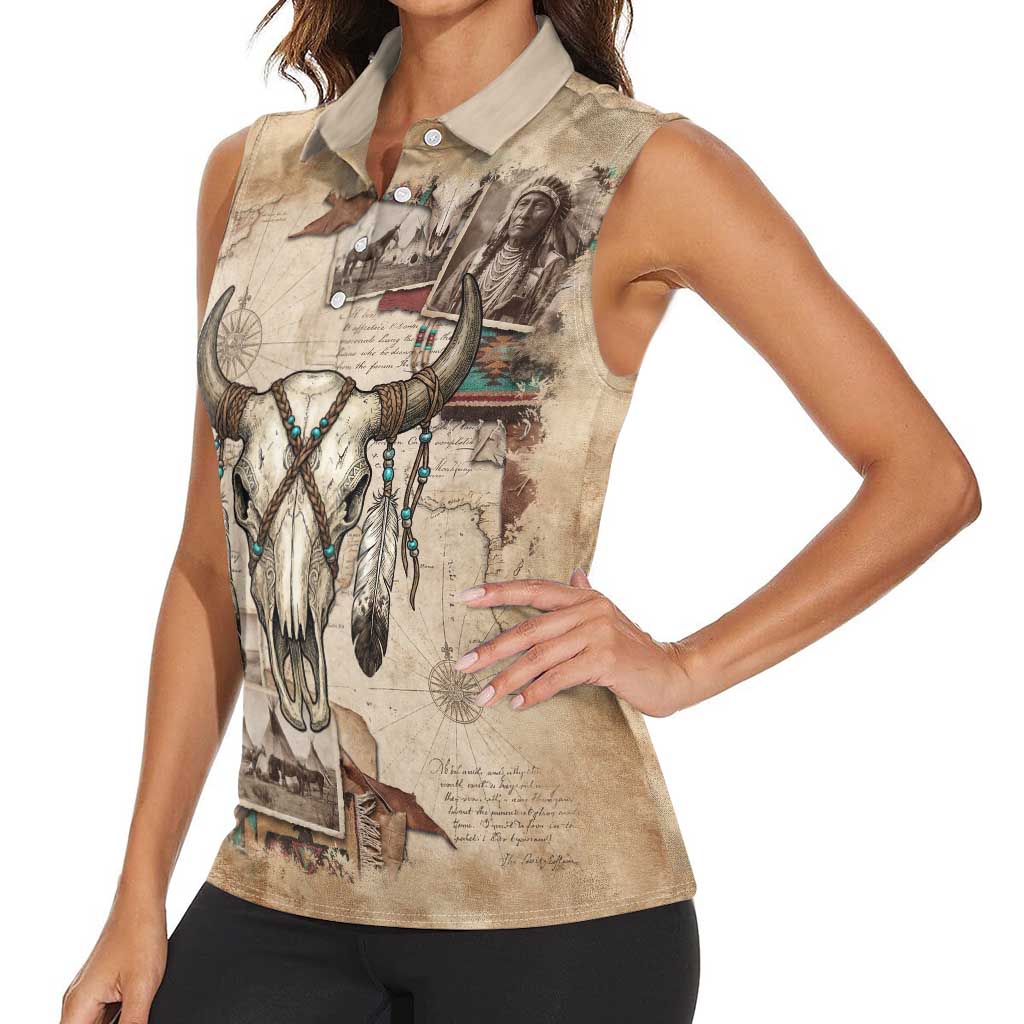 Buffalo Skull Women Sleeveless Polo Shirt Feathers Tribal Map and Historical Indigenous Native American Heritage Bison - Wonder Print Shop