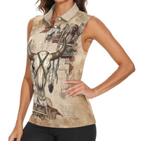 Buffalo Skull Women Sleeveless Polo Shirt Feathers Tribal Map and Historical Indigenous Native American Heritage Bison - Wonder Print Shop