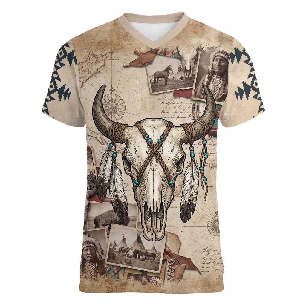 Buffalo Skull Women V-Neck T-Shirt Feathers Tribal Map and Historical Indigenous Native American Heritage Bison - Wonder Print Shop