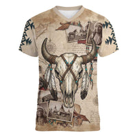 Buffalo Skull Women V-Neck T-Shirt Feathers Tribal Map and Historical Indigenous Native American Heritage Bison - Wonder Print Shop