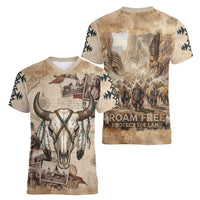Buffalo Skull Women V-Neck T-Shirt Feathers Tribal Map and Historical Indigenous Native American Heritage Bison - Wonder Print Shop