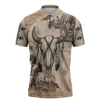 Buffalo Skull Zipper Polo Shirt Feathers Tribal Map and Historical Indigenous Native American Heritage Bison - Wonder Print Shop