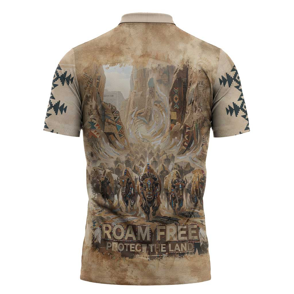 Buffalo Skull Zipper Polo Shirt Feathers Tribal Map and Historical Indigenous Native American Heritage Bison - Wonder Print Shop